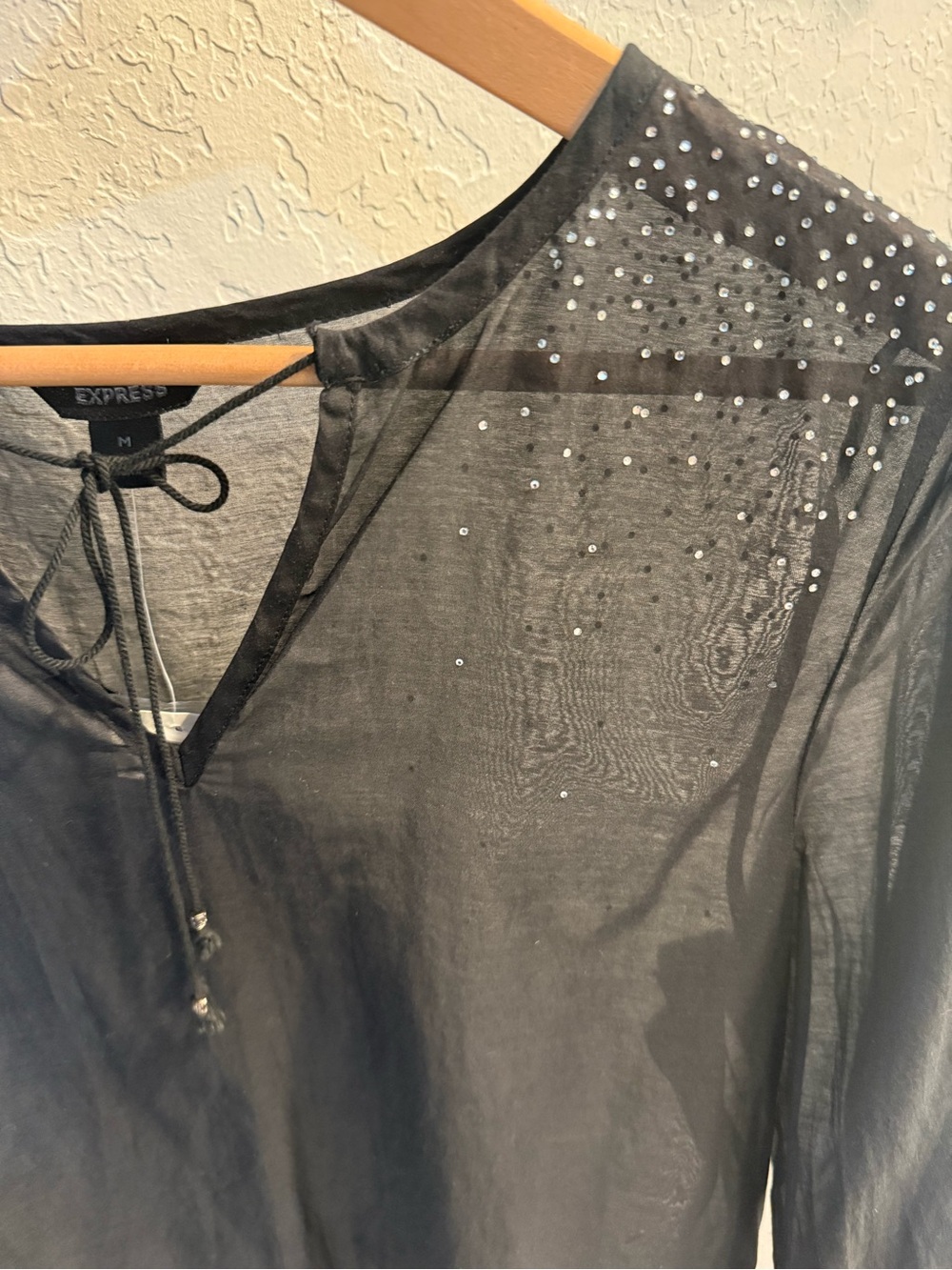 Express Black V-Neck Tunic with Silver Shoulder Rhinestones Sheer - Picture 3 of 5
